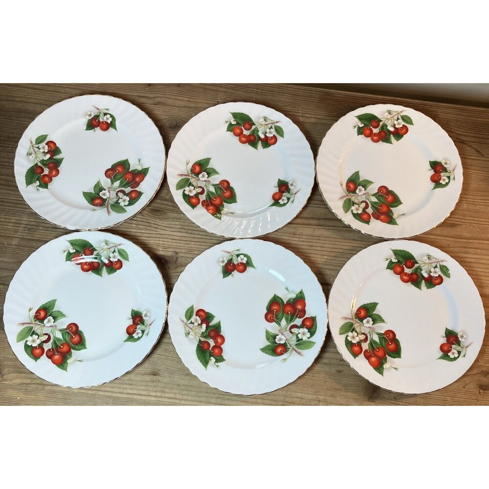 Vintage Adderly England Bone China Cherry  Ripe 8 inch Plate Set Of 6 Gold Rim